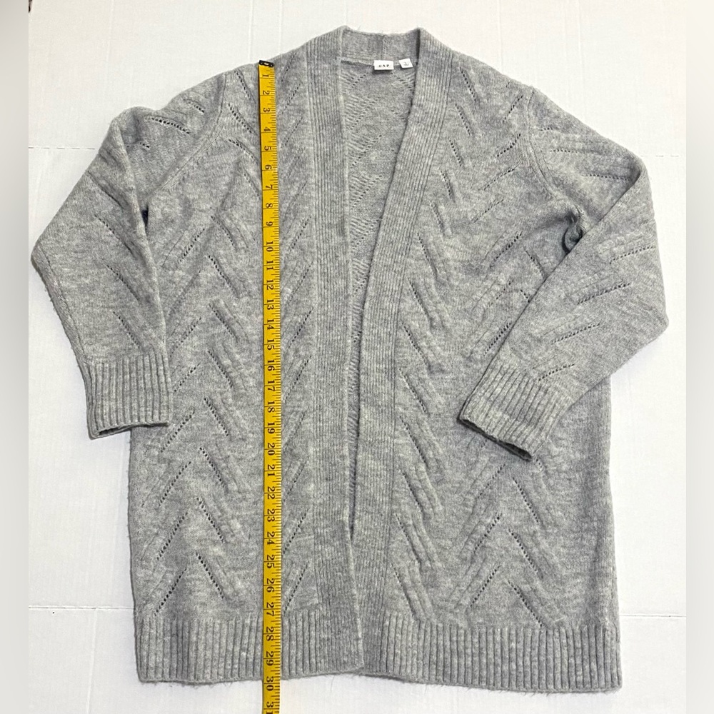 GAP Womens L Solid Gray Long Wool Cable Knit Cardigan Sweater Cabincore Preppy - Picture 10 of 12